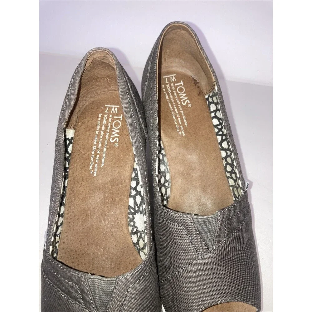 TOMS Calypso Grey Peep Toe Espadrille Wedge Canvas Sandals Heels Shoes Sz7